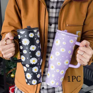40oz Daisy Car Tumbler with Handle, Flasks, Ins Floral Travel Mug for Hot & Cold Drinks, Large Capacity Cup Fits Car Cup Holder, Leak Resistant Lid, Spring Summer Coffee Tumbler, Mother's Day Birthday Valentine's Day Gift for Women