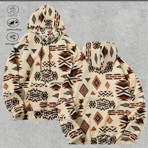 Men's Hooded Ethnic Print Fleece Sweatshirt, vintage casual style, featuring a drawstring hood for added versatility, adjustable elastic cuffs, soft and skin friendly fleece fabric providing a delicate wearing experience. The all over ethnic geometric pat