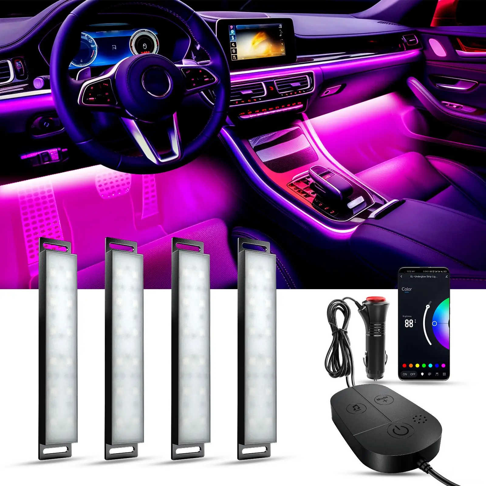 RGB Car Interior Ambient Light Block, Bluetooth-compatible APP Control, 3 Button Switch, Multi-Color Neon, Music Mode, USB/car Charger