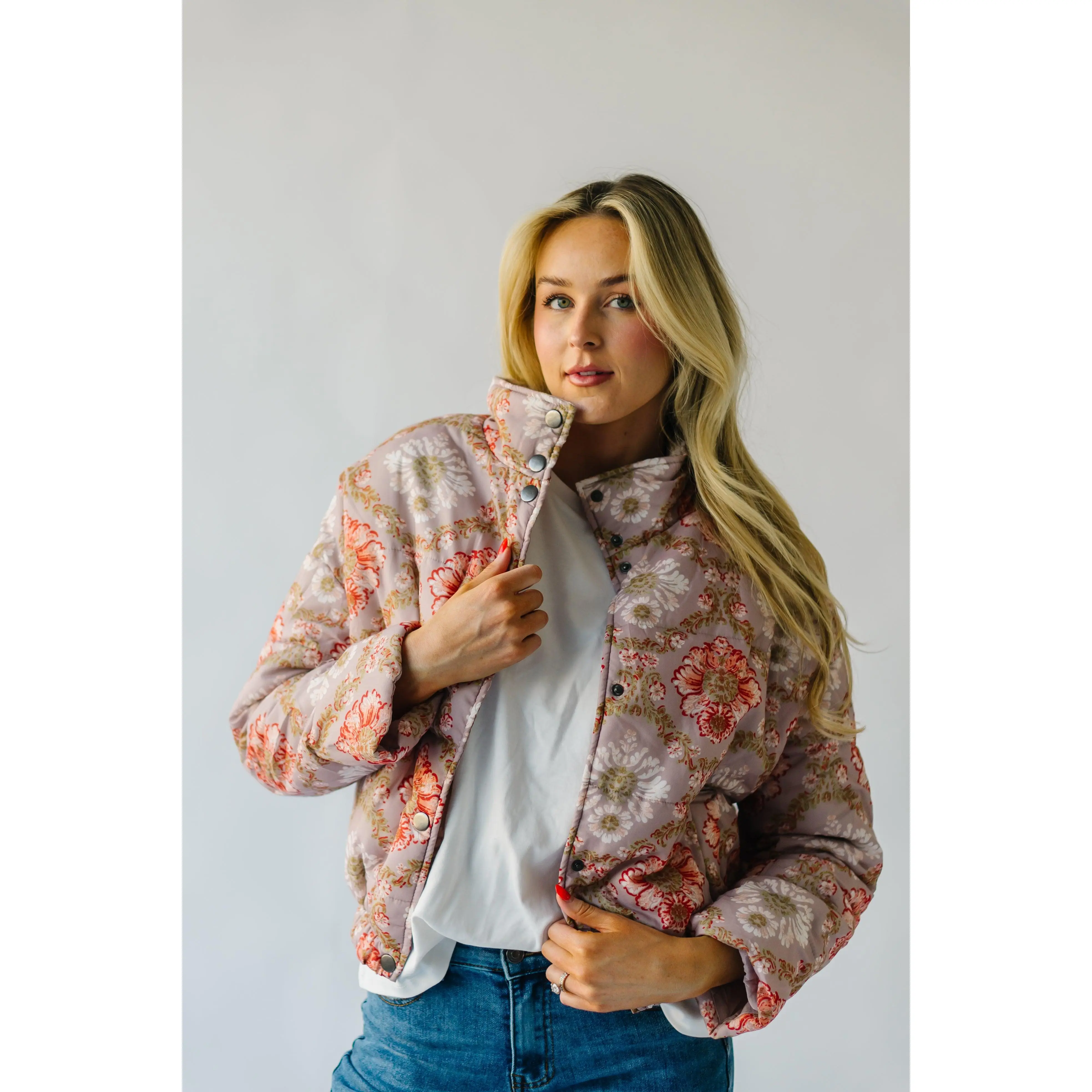 The Catron Printed Puffer Jacket in Beige Multi