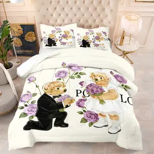 Teddy bear printed pattern bedding set, including 1 blanket and 1 or 2 pillowcases without pillowcases, soft adult bedroom decoration gift