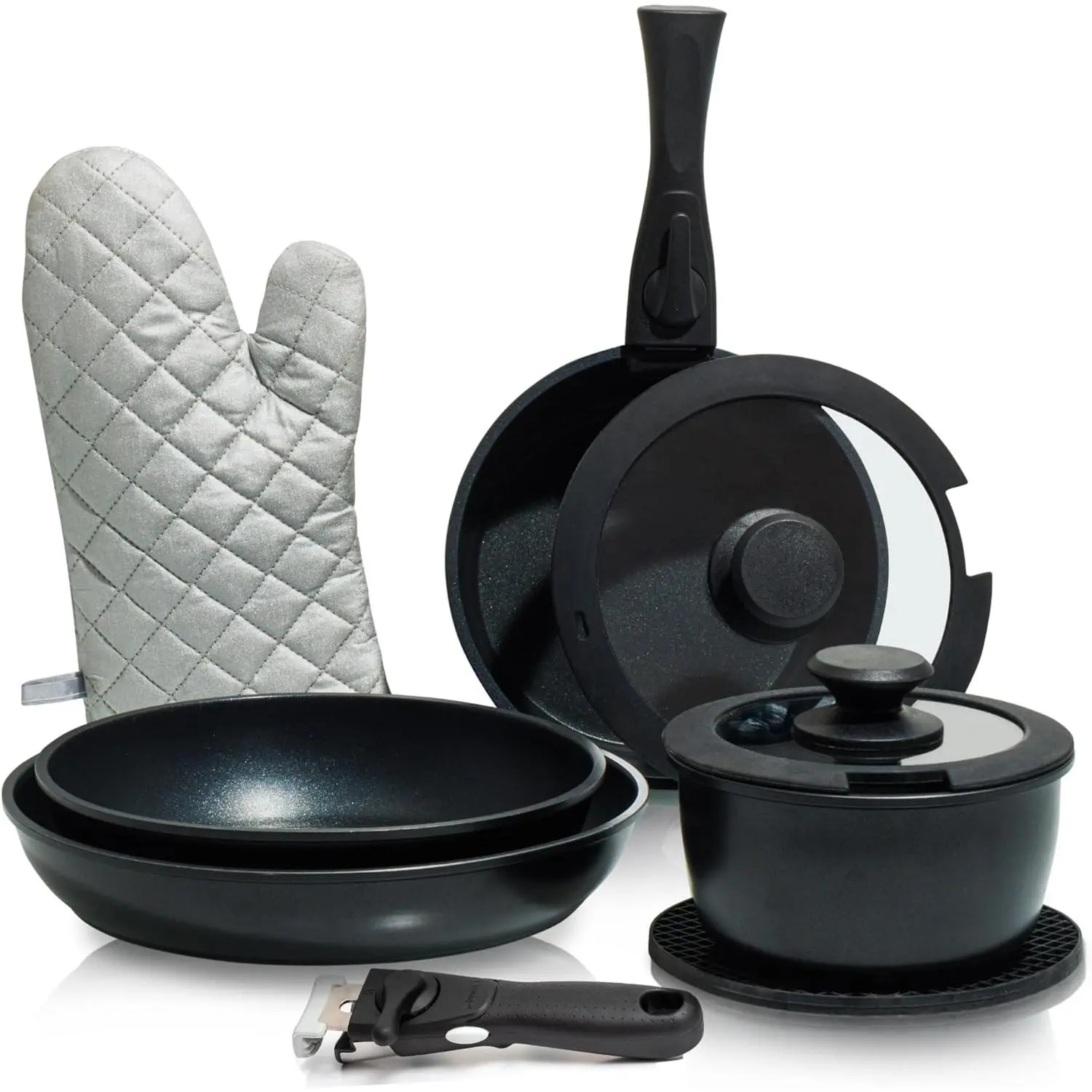 10 count Nonstick Cookware Pans with Removable Handles, Space Saving Pots and Pans with Removable Handles, RV Pots and Pans Set for Camping, Oven and Induction Ready