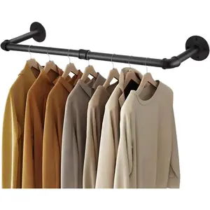 Wall Mount Iron Clothing Rack Black Steel Laundry Room Drying Rack Space Saving Coat Closet 50 lbs Capacity (36 x 11 in)