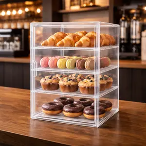 Transparent Acrylic Display Case for Baked Goods, 4Tier Countertop Organizer with Magnetic Door, Large Capacity Bread Box for Cupcakes, Cookies, and Bread
