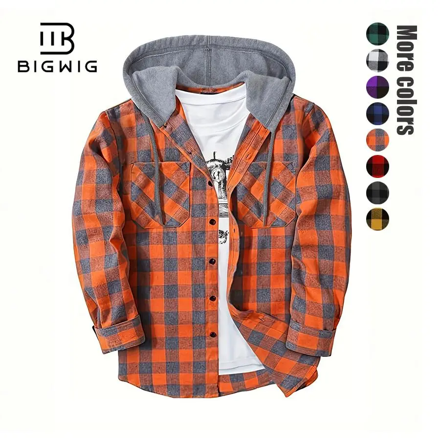 Men's Soft Flannel Hooded Shacket, Fashion Menswear Long-Sleeve Plaid Tops with Pockets, Casual Classic Checkered Outerwear