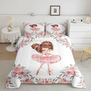 Ballet Comforter Set for Girls,Ballerina Design Bedding,Cute Little Dancers Duvet Set,Rose Flower Print Quilts,Love Gymnastics Bedding