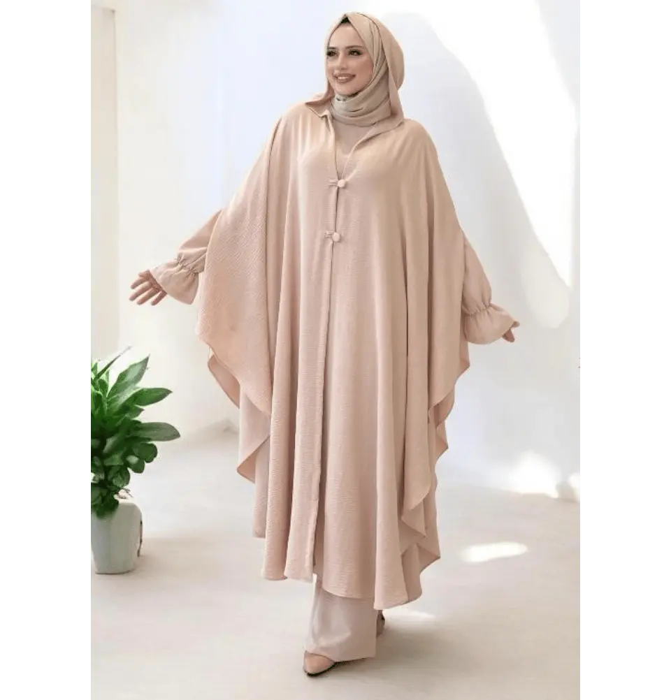 Modest Muslim Woman's 3PC Poncho Abaya - 8663 Beige