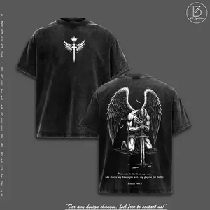 Archangel Warrior - Washed Christian Graphic Tee Oversized Tshirt Men Streetwear Heavy Cotton Vintage Tees Faith-Based Clothing Psalm 144:1 Warrior of God Outfit Religious Apparel Fall Outfits Gift for Men