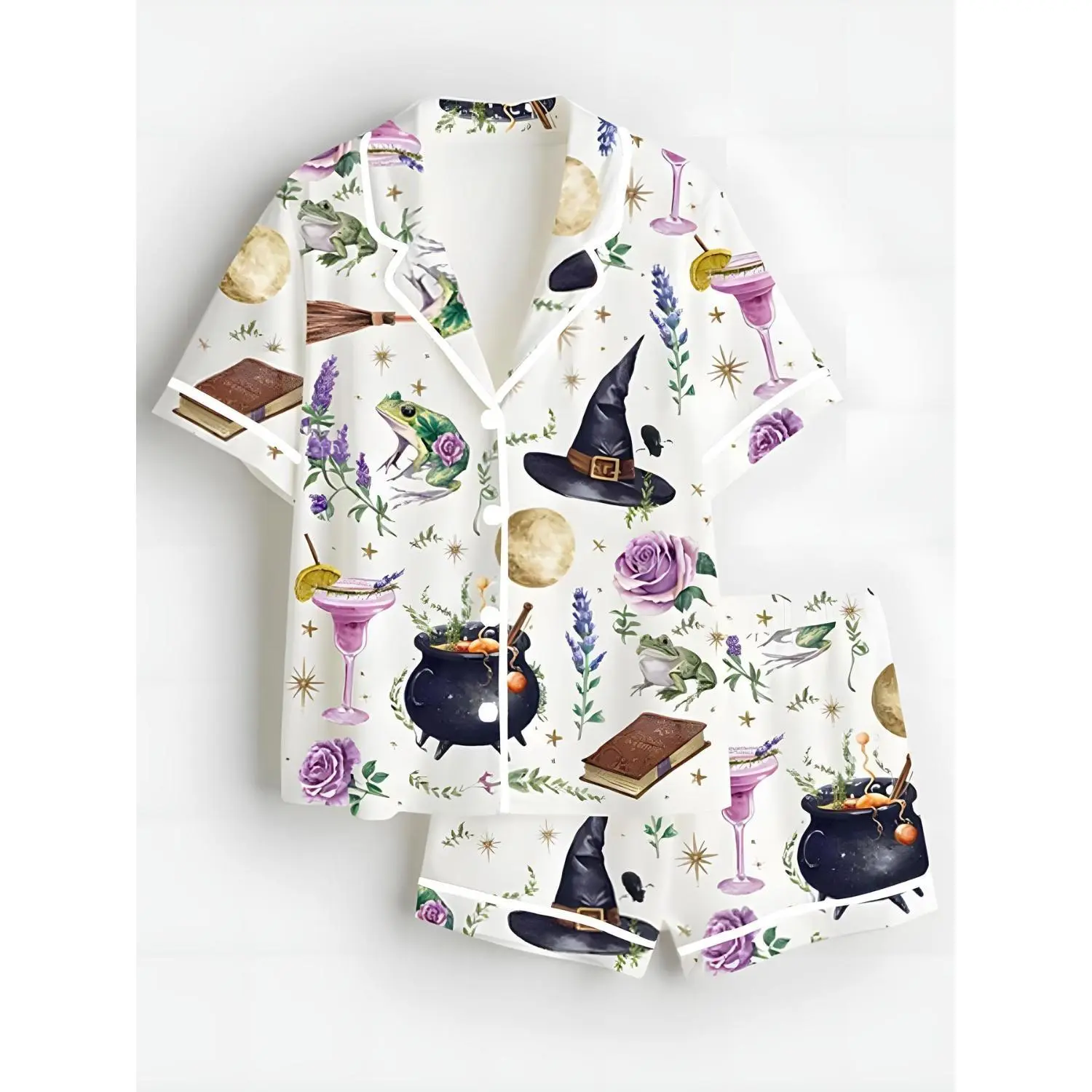 Women's Two-Piece Halloween Witchy Print Sleepwear Set with Cauldron, Hat, Moon, and Stars Pattern - Short Sleeve Loungewear
