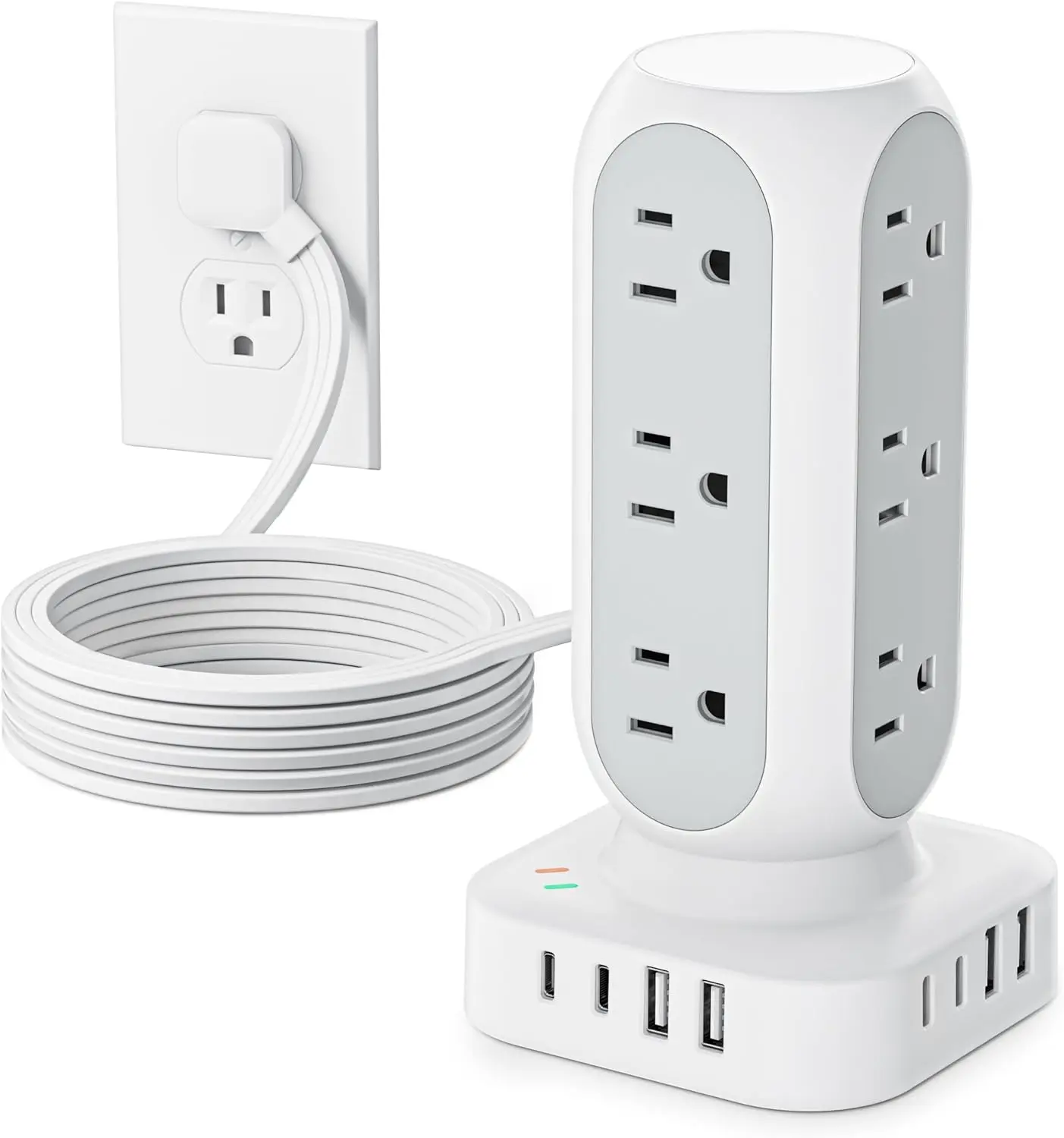 Tower Power Strip with Surge Protection, Flat Plug Outlet Extender with 12 AC Outlets & 8 USB Ports, 5 FT Extension Cord with Multiple Outlets, 24W Total  Station for  Office Dorm Room