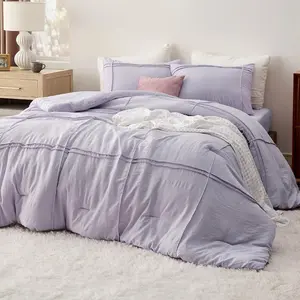 full comforter set with sheet-4 light purple sets, grid pinch pleat, lightweight fluffy set with solid boho comforter, pillowcases  sheet