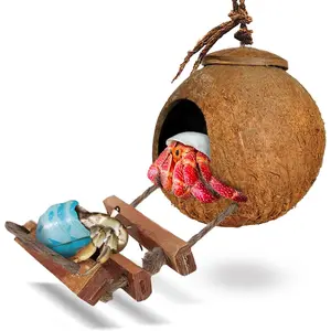 Hermit Crab Coco Hut with Ladder, Hamster & Hermit Crab Hideout, Coconut Hide for Reptiles, Crab Cage Climbing Toys, Coconut Shell Mouse House, Habitat Tank Accessories, 5"