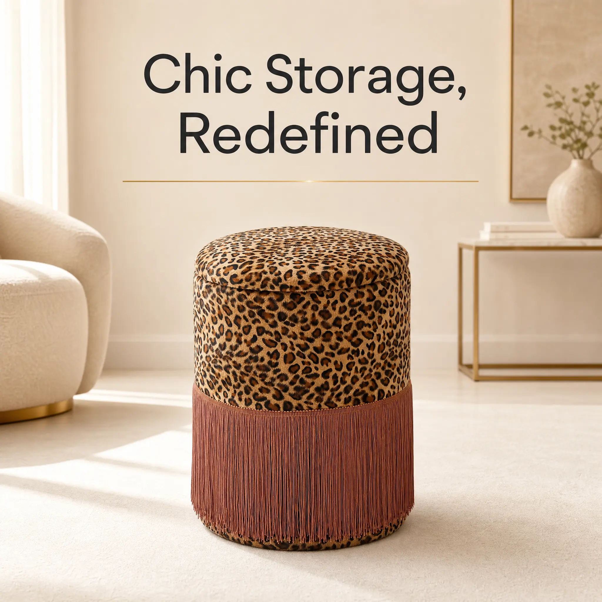Premium Velvet Leopard Print Round Storage Ottoman - Glam Compact Indoor Stool with Fringe Tassel, Built-in Slide Drawer, Footrest, Vanity Bench for Bedroom Home Decor Accent, Animal Print