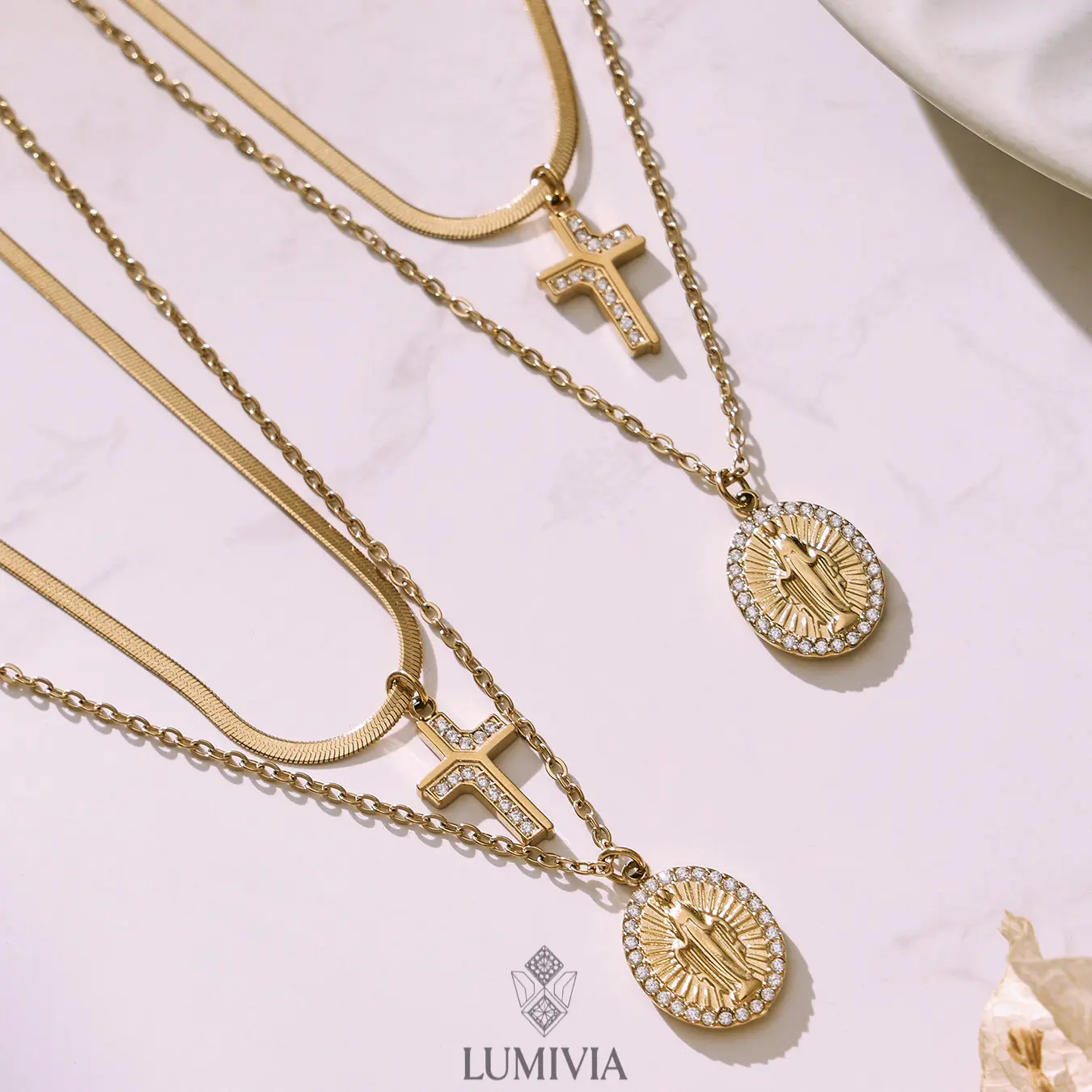 Women's Double-Layer Clavicle Chain Necklace, Gold-Plated Stainless Steel Blade Chain with Zirconia Cross & Goddess Medallion, Simple Casual Jewelry for Everyday Wear, Long Length