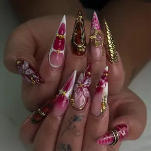Crimson Floral Fall Press On Nails - 3D Red Floral & Gold Nail Art - Sculpted Jewel Accent Nails - Handmade Elegant Press On Set