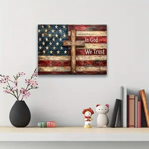 The Product Is a Single Framed Decorative Painting with a Wooden Frame,Featuring an American Flag Living Room Wall Decoration. The Image Is a Vintage-style American Flag and Cross