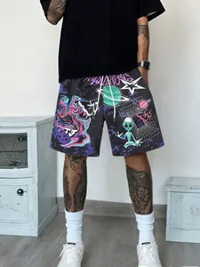 Alien & Space Graphic Print Outstanding Design Drawstring Waist Shorts | Y2K Streetwear Summer Casual Athletic Shorts Fashionable Summer Shorts