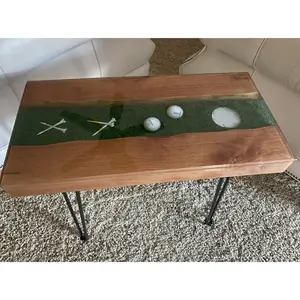 Golf River Table | Live Edge End Table | Artificial Turf Golf Table | Epoxy River Table With Embedded Golf Balls and Golf Tees