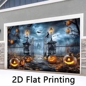 1pc Halloween Garage Door Decoration - Spooky Cemetery Gates with Jack-O'-Lanterns, Full Moon & Bats - Large 18x9ft Outdoor/Indoor Hanging Tapestry for Haunted House, Party, Door, Fence - Easy-to-Hang Adhesive-like Backing, No Electricity Needed - Durable