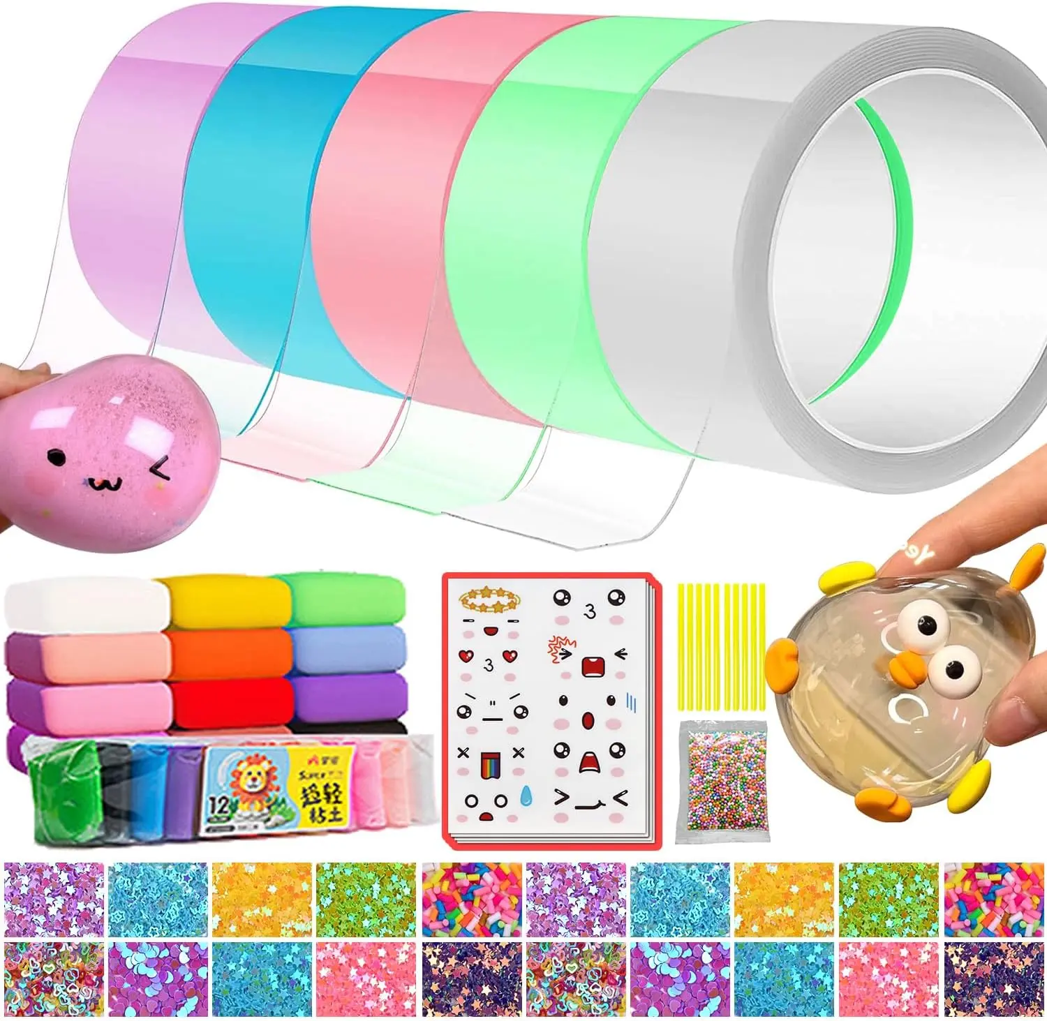 5pcs Nano Tape Bubbles Kit for Kids, Nano Double Sided Tape Kids & Adult Party Favors, DIY Bubble Ball Balloon Tape Fidget Toys with 12xClays, 20xGlitter, 5xStickers, Foam and Instruction