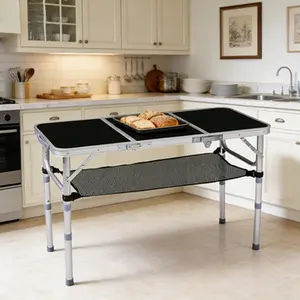 Outdoor Folding Camping Table 3ft, Portable Picnic Table with 3 Adjustable Heights, Lightweight Aluminum Foldable Side Table with Carry Handle for Camping Hiking BBQ Beach Patio Indoor Use, Beige