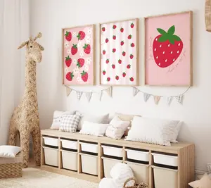 Strawberry Print Set Of 3 / strawberry wall art, pink nursery prints, girls room wall art, strawberry theme décor