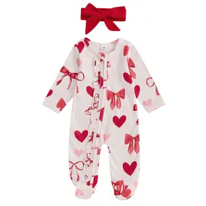 Valentines Baby Girl Outfit Bowknot Heart Footie Romper Long Sleeve Onesie Newborn Valentines Day Clothes