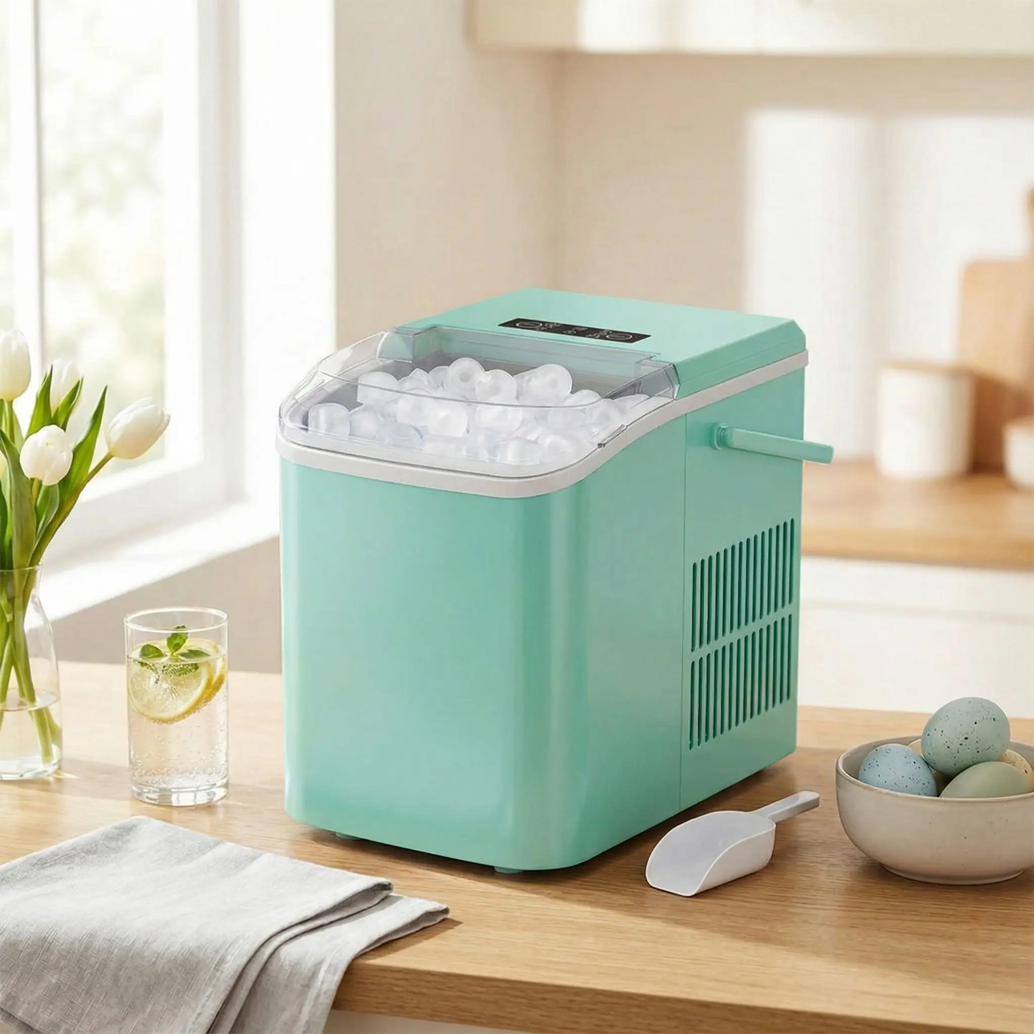 Countertop Ice Maker with Self-Cleaning System - Portable Ice Machine for Home, Kitchen, Office & RV, 26lbs/Day, 9 Ice Cubes Every 6 Minutes, Black/Green