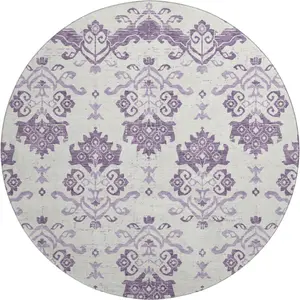 HomeRoots 663783 8 ft. Purple & Ivory Medallion Transitional Washable Round Area Rug with UV Protection