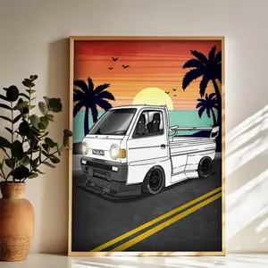 Modified Suzuki Truck - Themed Illustration Wall Art Vintage Black and White Art Posters Funky Aesthetic Canvas Prints Retro Bar Cart Decor for Bar Bedroom