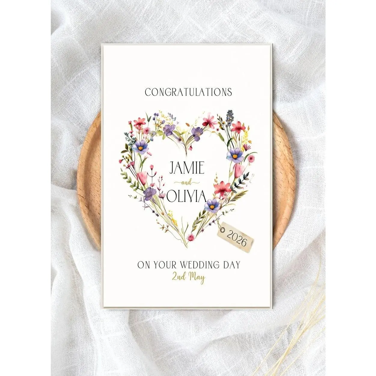 Personalized Wedding Card 5x7, Custom Floral Congratulations Greeting Card for Newlyweds