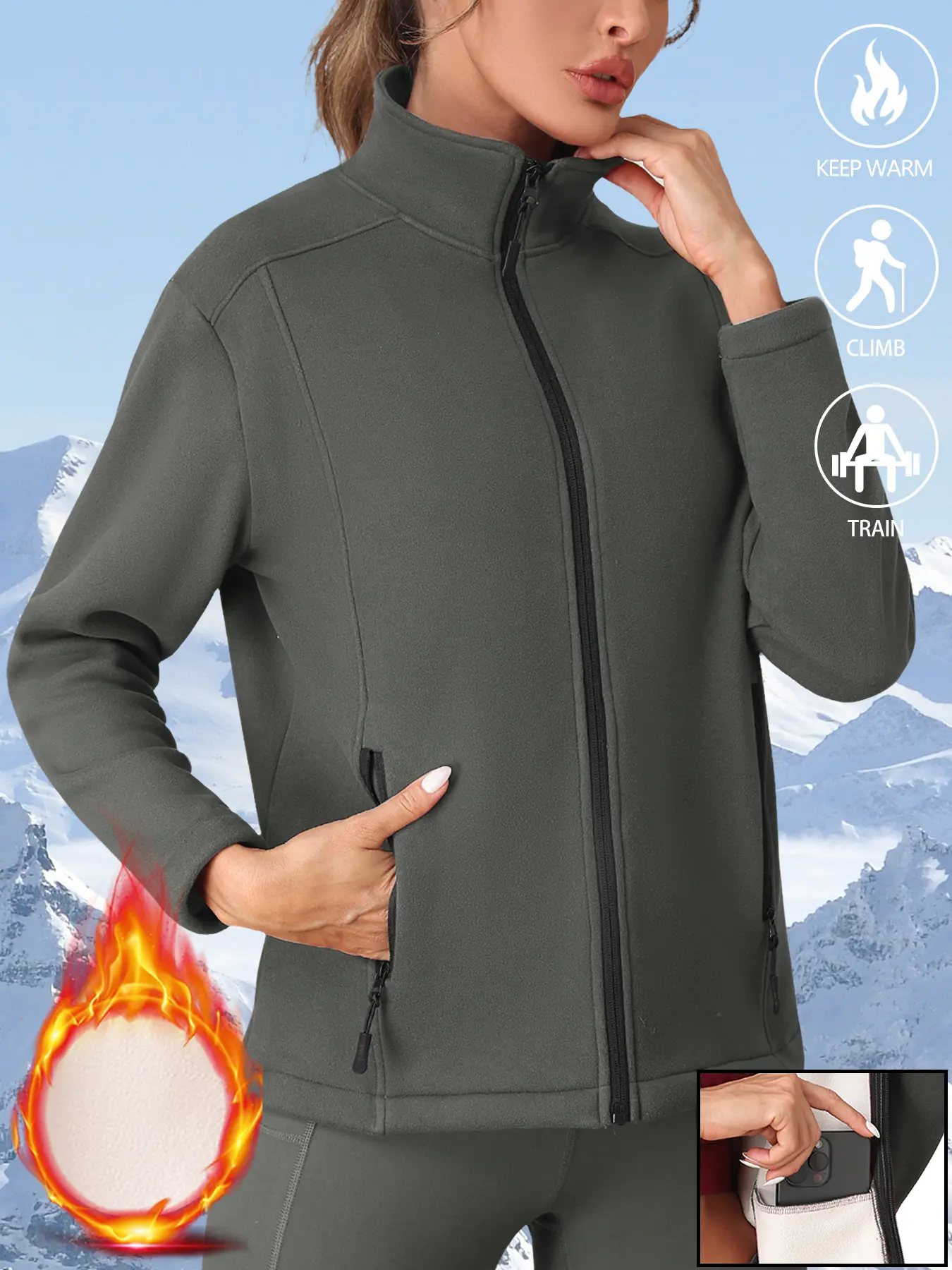 Women's Winter Fleece Lined Cardigan Jacket, Warm Casual Fitted Long Sleeve Zipper Pocket Coat, Outerwear, Perfect for Daily Wear & Outdoor Activities