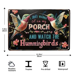FIA Tin Sign Hummingbird Porch Sign - 'I Just Wanna Sit On My Porch And Watch The Hummingbirds' - Vintage Metal Wall Decor 8 X 12 Inch, Perfect Gift for Garden, Patio, Or Home, Great Spring Summer Wall Decor, Waterproof, Rustproof, 2D Flat