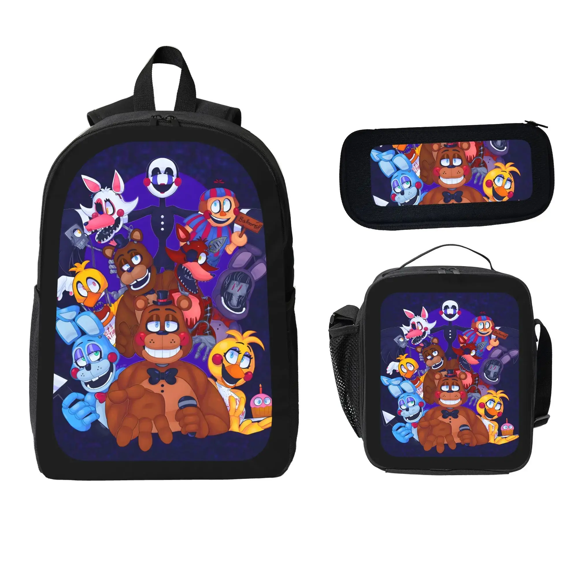 FNAF Cartoon Print 3Pcs School Backpack Set with Insulated Lunch Bag & Pencil Case for Boys Girls, Back to School Essentials