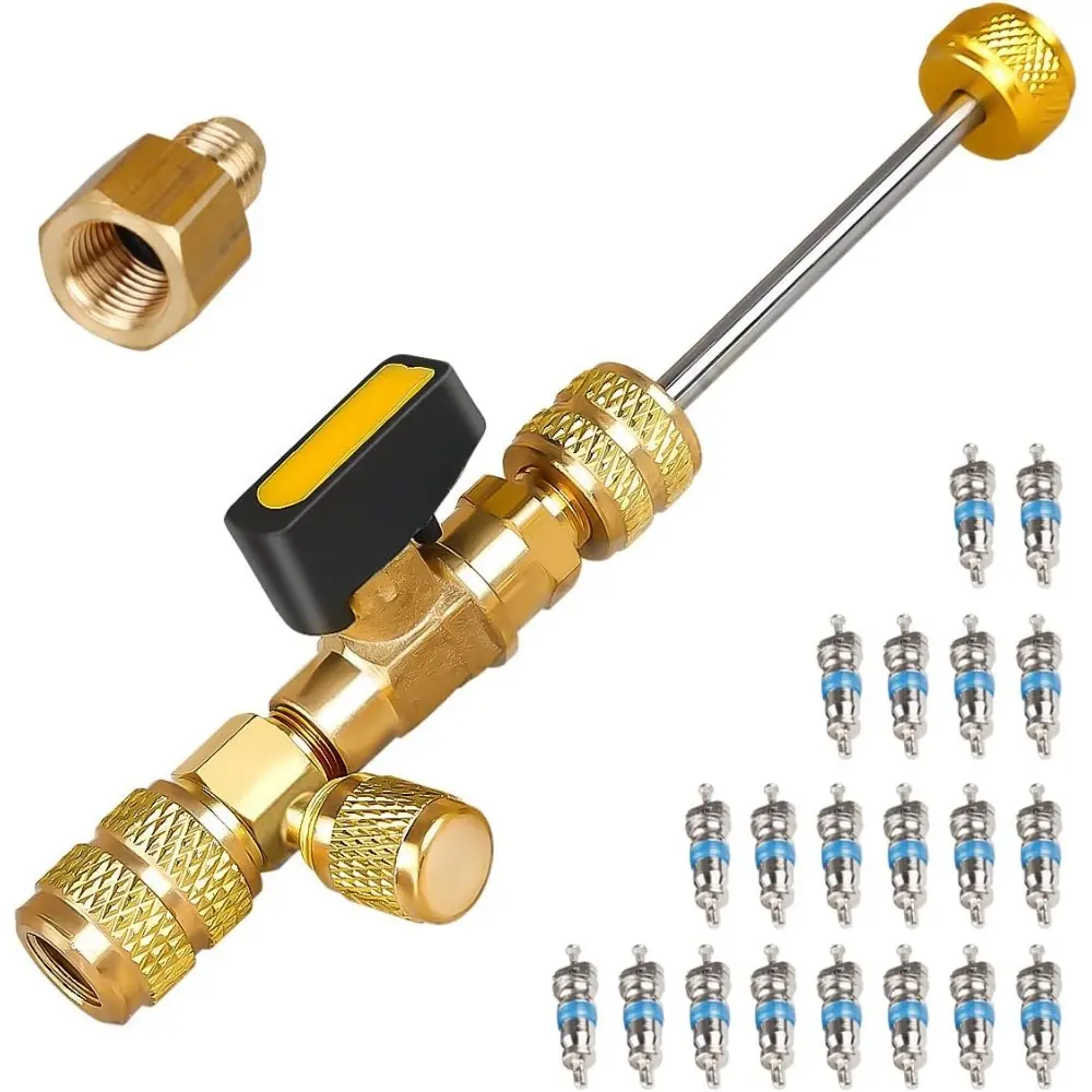 Professional SAE Valve Core Remover-Installer Tool Kit, 1/4"-5/16" Sizes with 1/4” SAE Ports, Magnet & Bypass Port for HVAC AC Repair (R22,R32,R410A,R134a) – 3x Longer Lifespan, 5-Minute Repair for HVAC Technicians, 20 Valve Cores Included