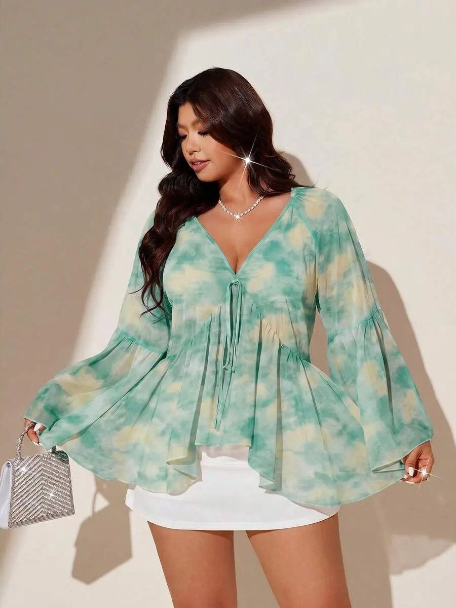 SEELEN Plus Size French Romantic Style Tie Dye Print Chiffon Blouse, Loose V-Neck Flared Sleeve Design Top, Comfortable Spring/Summer Travel Blouse