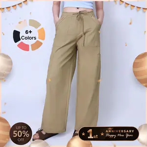 Pwest Women's Adjustable Stretchy Linen-Blend Wide-Leg Cargo Pant