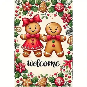 1pc Double-Sided Finnish Sugar Cookie Couple Welcome Garden Flag, 12x18 Inch, No Electricity Needed, Fade Resistant Polyester, Seasonal Christmas Holiday Yard Farm Decor for Winter Outdoor