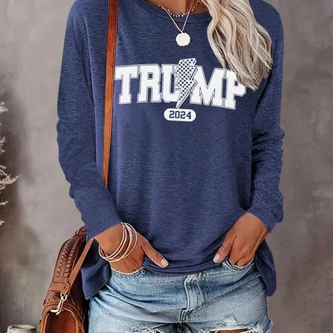 Women's Letter Print Round Neck Tee, Casual Long Sleeve Crew Neck T-shirt for Daily Wear, Ladies Clothes for All Seasons