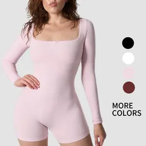 VVZ Women's Workout Solid Color Lace Square Neck Long Sleeve Seamless Playsuit, Minimalist Lightweight Stretch Shapewear, Sport & Outdoor Clothing Athletic Style Activewear