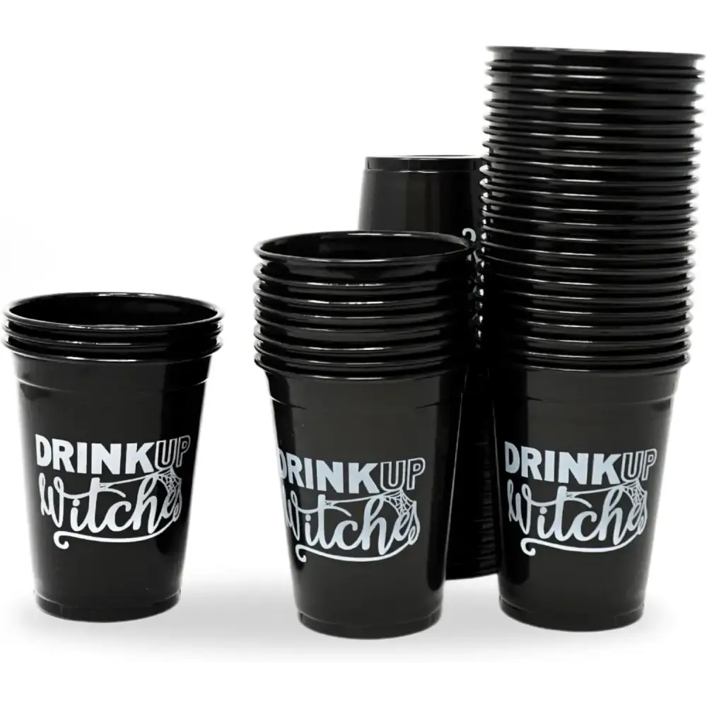 4E's Novelty Drink Up Witches Halloween Disposable Cups 50 Pack 16 oz – Black Plastic Cups, Plastic Cups for Party, Durable & BPA-Free Halloween Cups