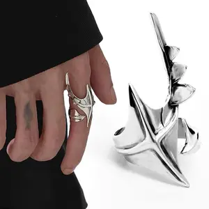 Unisex Cyberpunk Alien Irregular Hip-hop Ring - Goth, Gunmetal, Spiky, Adjustable Fitted, Alt Prom Ring with Exaggerated Opening for Carnival Fashion Costume Jewelry Accessory, Goth Rings, Gunmetal Rings