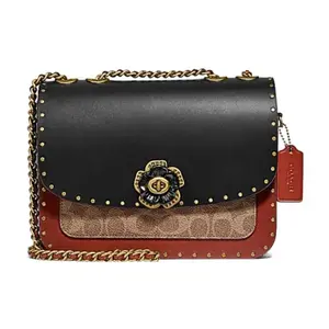 COACH Madison 24 Camellia Metal Studs Turn-Lock Flap Leather and Snake Skin Envelope Crossbody Shoulder Bag in Black and Brown for Women