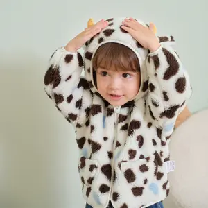 (Buy 2 get gift)Balabala Kids' Fleece Jacket   Oversized Leopard Print Long Sleeve Breathable Trendy with Letter Pattern for Boys＆girls