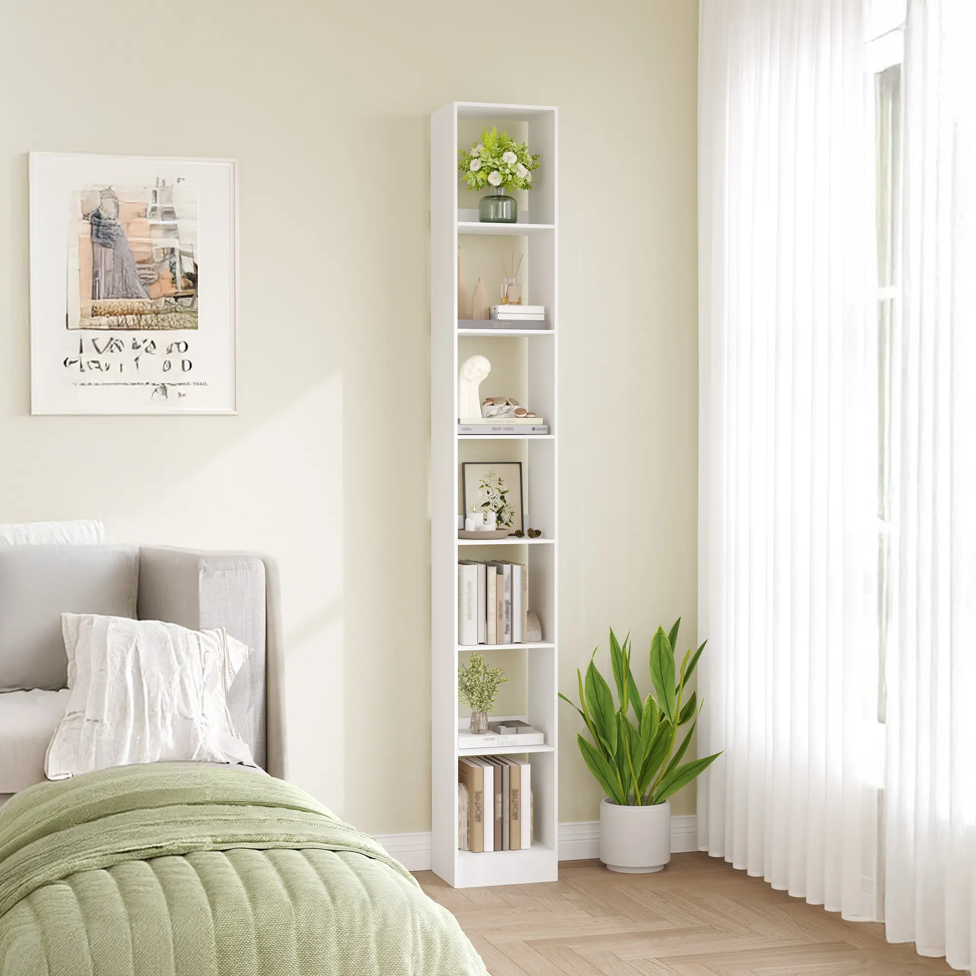Hzuaneri Bookcase, Tall Narrow Bookshelf, Open Display Storage Shelf, Skinny Cube Book Shelf with Adjustable Shelves, CD Rack for Living Room, Home Office