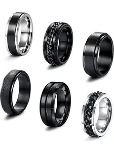6 Pcs 6/8 MM Black Spinner Rings for Men Women Stainless Steel Fidget Ring Anxiety Stress Relieving Cool Chain Fashion Statement Multi Ring Set Stacking Rings Wedding Promise Band Rings Size 7-13