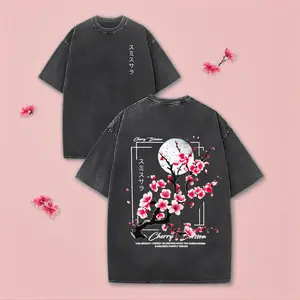 Mens Japanese Cherry Blossom Graphic Short Sleeve T Shirt Streetwear Summer Outfit Oversized Breathable Soft Casual Tee Travel Weekend OOTD Style