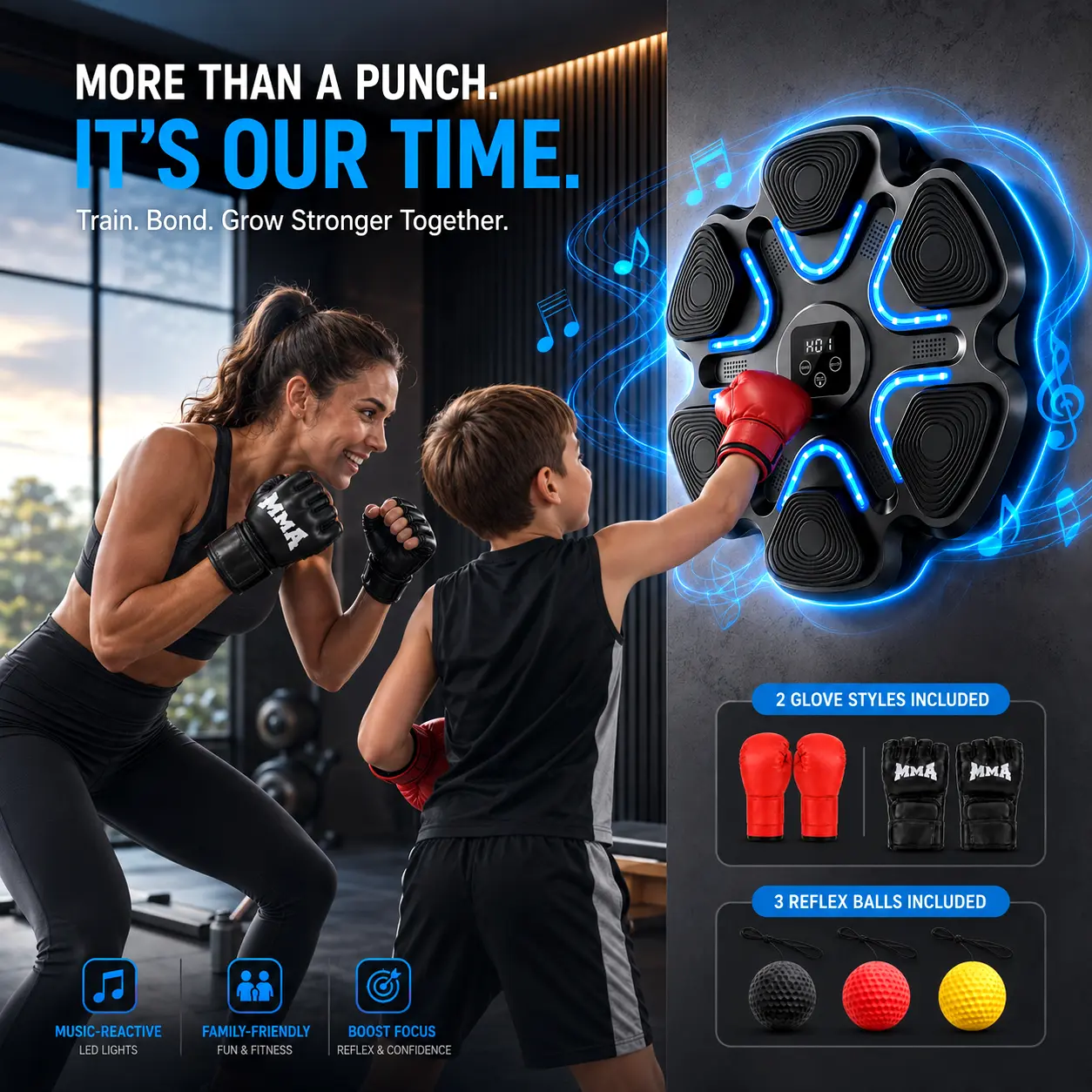Music Boxing Tool with 9 Speed & Intensity Modes Family Pack Wall Mounted Punching Target Bluetooth Training Equipment with 2 Pairs of Gloves for Parents and Children Gift
