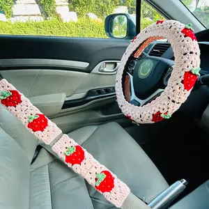 OnEternal Strawberry Pattern Car Steering Wheel Cover & Seat Belt Cover, Handmade Crochet Car Interior Decoration, Car Accessories for Women & Girls, Car Interior Set
