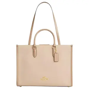 COACH Maggie 37 Tote Bag for Women – Gold-Tone Logo, Coated Canvas and Leather, Natural Color